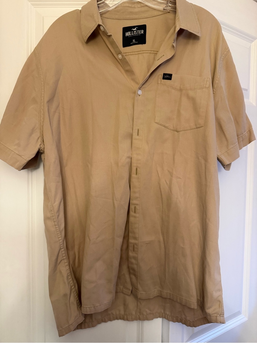 Hollister Men's Stretch Poplin Short Sleeve Button Down Shirt - Tan Khaki XL